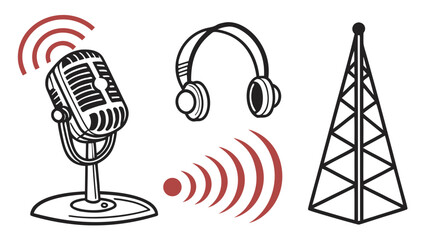 Retro microphone with sound waves headphones and radio tower symbolizing broadcast and communication concepts