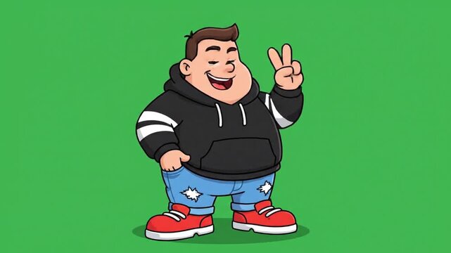 A cheerful chubby cartoon man in a black hoodie and ripped jeans flashes a peace sign while smiling against a green background.