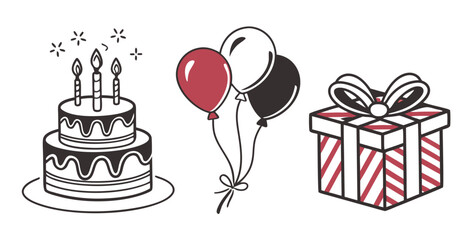 A festive illustration featuring a tiered birthday cake with candles a cluster of red black and white balloons and a striped gift box with a bow