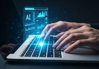 Close-up of hands typing on a laptop with a futuristic AI interface displaying data analytics.