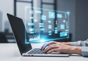 Person using a laptop with a futuristic holographic interface displaying data and workflow diagrams.