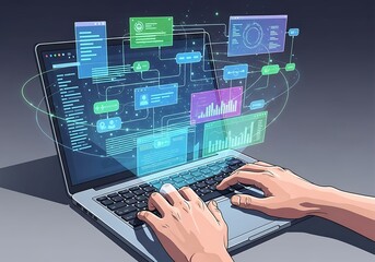 Hands typing on a laptop displaying a complex digital interface with charts and diagrams.