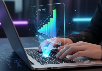 Hands typing on a laptop with a holographic financial growth chart displayed.