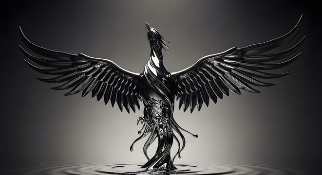 A powerful, dark winged creature, possibly a griffin or phoenix, with its large wings fully spread. Isolated on a neutral background, the image focuses on the creature's majestic form, conveying a sen
