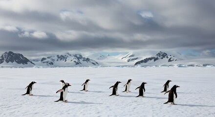 Penguins marching across snowy landscape under cloudy sky
