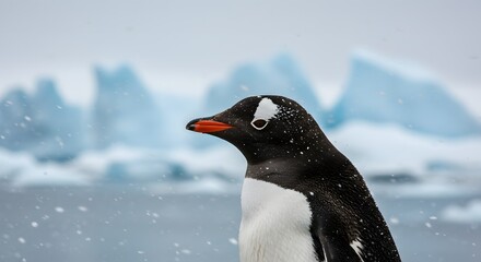 Obraz premium Penguin in snowy environment with icebergs in the background