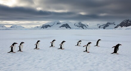 Penguins walking on snow covered landscape