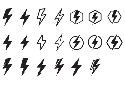 set lightning bolt, thunder symbols set, energy outline solid icons, vector icons, flash thunderbolt symbol collection