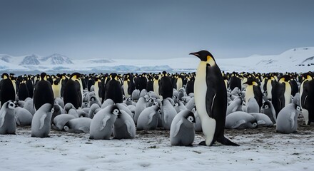 Emperor penguins colony with chicks in snowy landscape