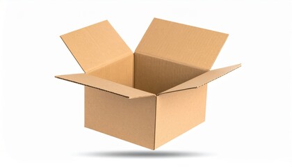 Open Corrugated Cardboard Box with Flaps Up Floating Isolated on a Pure White Background with a Soft Shadow.