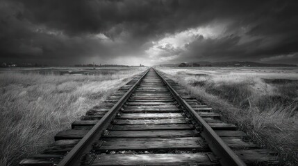 Obraz premium Railway vanishes to horizon under ominous clouds