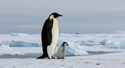 Penguin chick and adult on ice