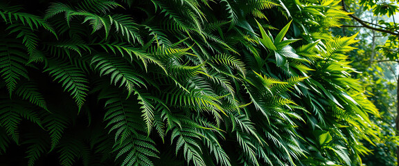 Obraz premium Dense tropical fern foliage with vibrant green jungle leaves illuminated by natural sunlight, creating lush rainforest background, wild botanical texture, and eco friendly greenery design perfect for 