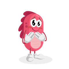 A shy and embarrassed red monster-like character with a blush on its cheeks. Its hands are crossed in front of its chest, conveying shyness or timidity