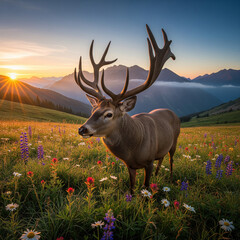 Majestic stag with impressive antlers standing proudly in a vibrant mountain meadow filled with wildflowers at sunrise.
