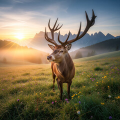 Majestic Stag in a Scenic Mountain Meadow at Sunrise A Stunning Nature Landscape