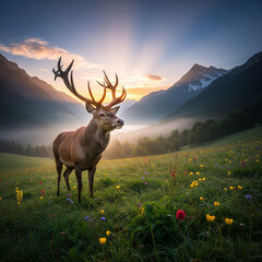 Majestic Stag Stands Proudly in a Sun-Drenched Alpine Meadow During a Beautiful Sunrise