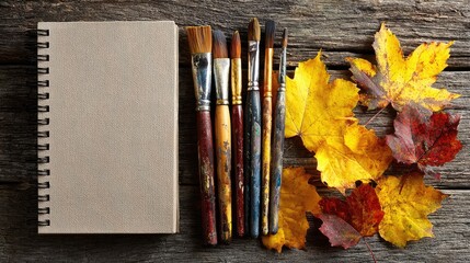 Blank sketchbook, paintbrushes, and autumn leaves arranged on a rustic wooden surface