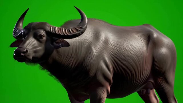 Realistic 3D model of a water buffalo on a green background, suitable for digital projects