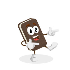 A cheerful chocolate ice cream sandwich character is walking and pointing to its right with a happy expression. It seems to be inviting or showing someone something