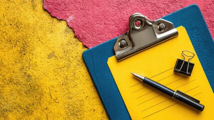 Yellow notepad on blue clipboard, pen, paperclip on textured background