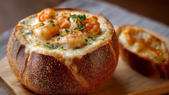 Delicious seafood chowder with shrimp in rustic bread bowl 
