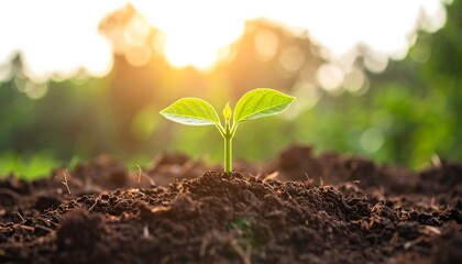 Small sprout emerges from dark soil, backlit by warm sunset