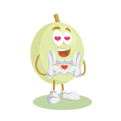 A lovable honeydew melon character with heart-shaped eyes and rosy cheeks, with its hands on its chest, showing an expression of love