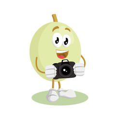A cheerful honeydew melon character with a happy smile, holding a camera to take a picture