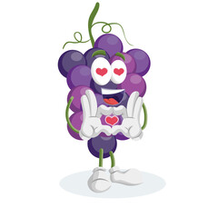 A loving grape character poses with both palms forming a love shape, placed in front of the chest.