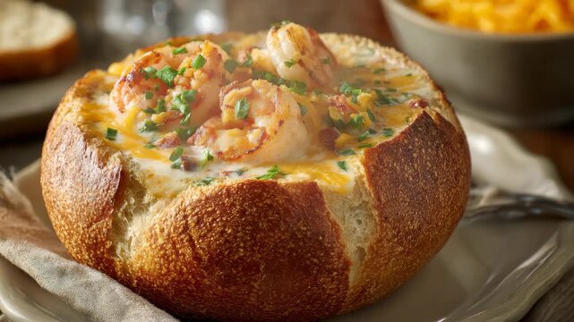 Creamy shrimp chowder served in bread bowl
