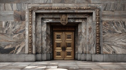 Ornate golden double doors in a marble facade