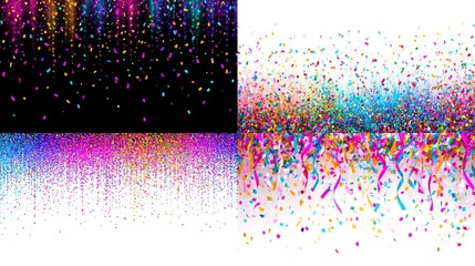 Digital confetti explosion, multiple layers on black and white backgrounds.  Colorful streamers and small pieces of confetti rain down, with different densities and layers