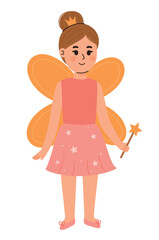 Cute little girl in halloween pink fairy costume. Flat vector illustration.