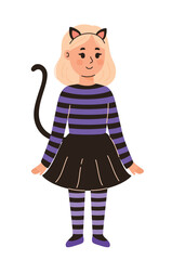 Cute little girl in halloween striped cat costume. Flat vector illustration.