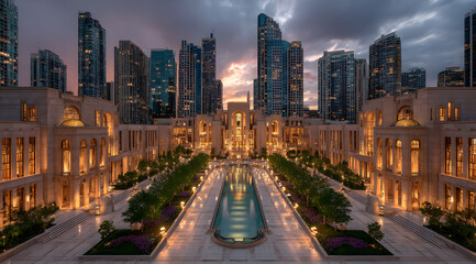 An illuminated grand plaza in front of a symmetrical, modern architectural complex, set against a twilight cityscape with towering skyscrapers.