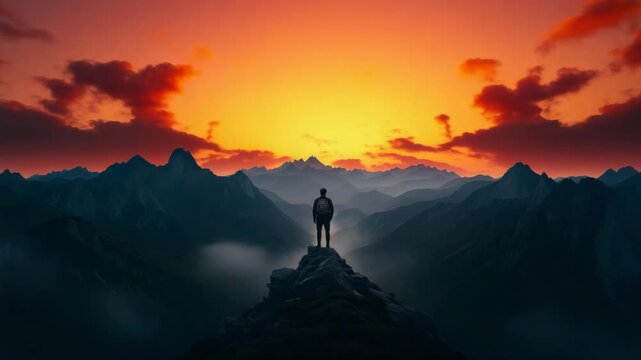 Man celebrating on mountain peak at sunrise
