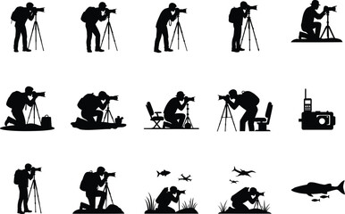 Diverse silhouette collection of photographers capturing nature and wildlife in various poses and settings