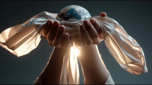 A pair of hands gently holding a globe wrapped in light fabric, symbolizing care for the Earth.