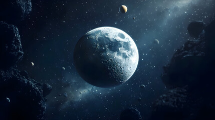 Fototapeta premium Moon in space scene with celestial debris