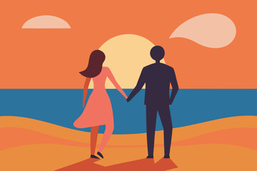 Couple Holding Hands Walking on Beach at Sunset Artwork