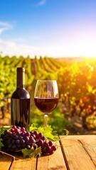 Sunlit vineyard with bottle, glass, and grapes of red wine