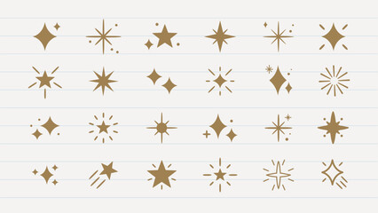 Set of 24 gold star and sparkle icons on a lined background. Stars and sparkles in various shapes. Gold star icons for design. Sparkle icons for decoration. Festive element set. Vectors.