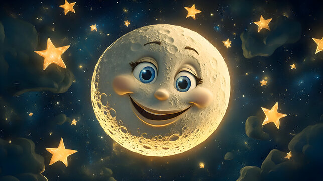 Smiling cartoon moon in night sky