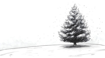 Pencil sketch of evergreen tree on snow