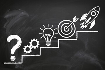 Chalk steps from question to idea to target to rocket, strategy roadmap, problem solving, startup success.