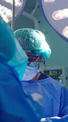 Surgeons in operating room, illuminated by surgical lights, performing a procedure