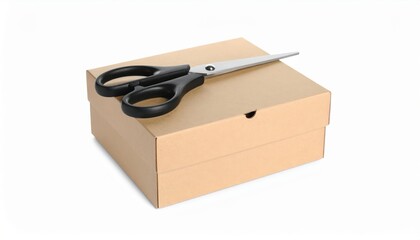 Sharp Scissors with Black Handles Atop a Closed Cardboard Box on White.