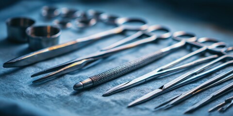 Close-up of a variety of precision surgical scalpels and medical instruments arranged neatly
