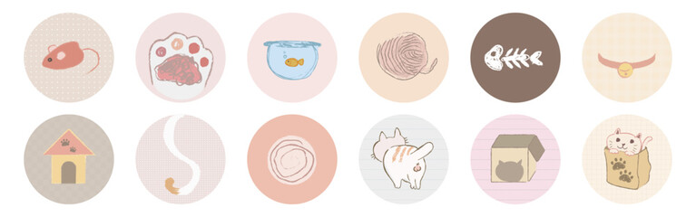 Cute cat-themed icons featuring yarn, paw prints, and a fishbone. Includes a mouse, cat bowl, and playful kitten. Perfect for cat lovers and pet themes. Cute pet illustrations vector set.